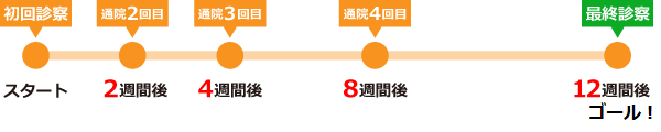 禁煙治療の流れ:1. 初回診察、2. 2週間後に2回目の通院、3. 初診から4週間後に3回目の通院、4. 初診から8週間後に4回目の通院、5. 初診から12週間後に最終診察